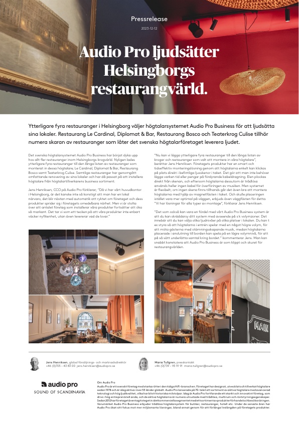 Pressrelease Svensk, Audio Pro Business, HBG restaurants