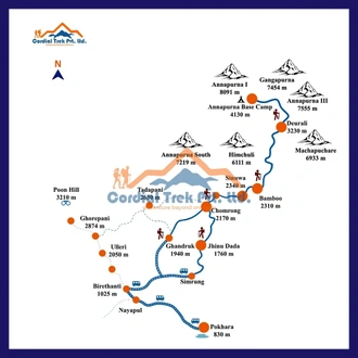 tourhub | Cordial Trek Pvt. Ltd | Annapurna Base Camp (ABC) Five Days Trek from Pokhara | Tour Map