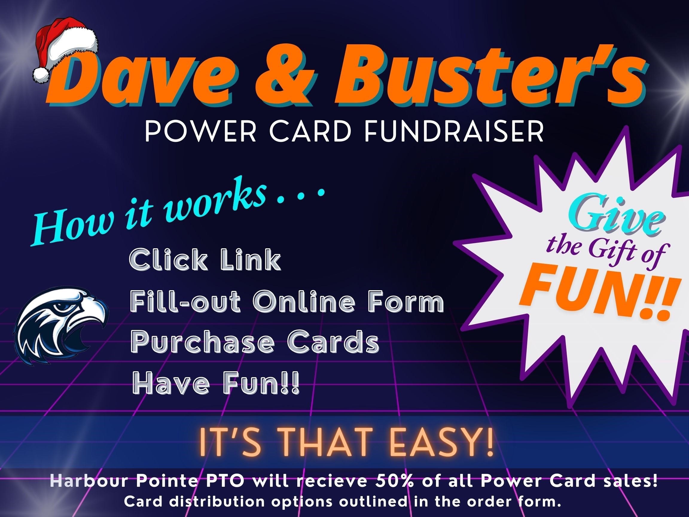 purple and blue graphic with hawk logo, Dave & buster's logo with Santa hat describing PTO fundraiser