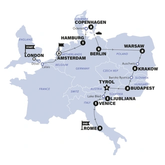 tourhub | Contiki | London to Rome Vistas | Start Amsterdam | Summer | 2025 | Tour Map