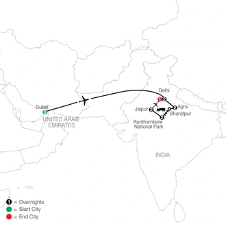 tourhub | Globus | Icons of India: The Taj, Tigers & Beyond with Dubai | Tour Map