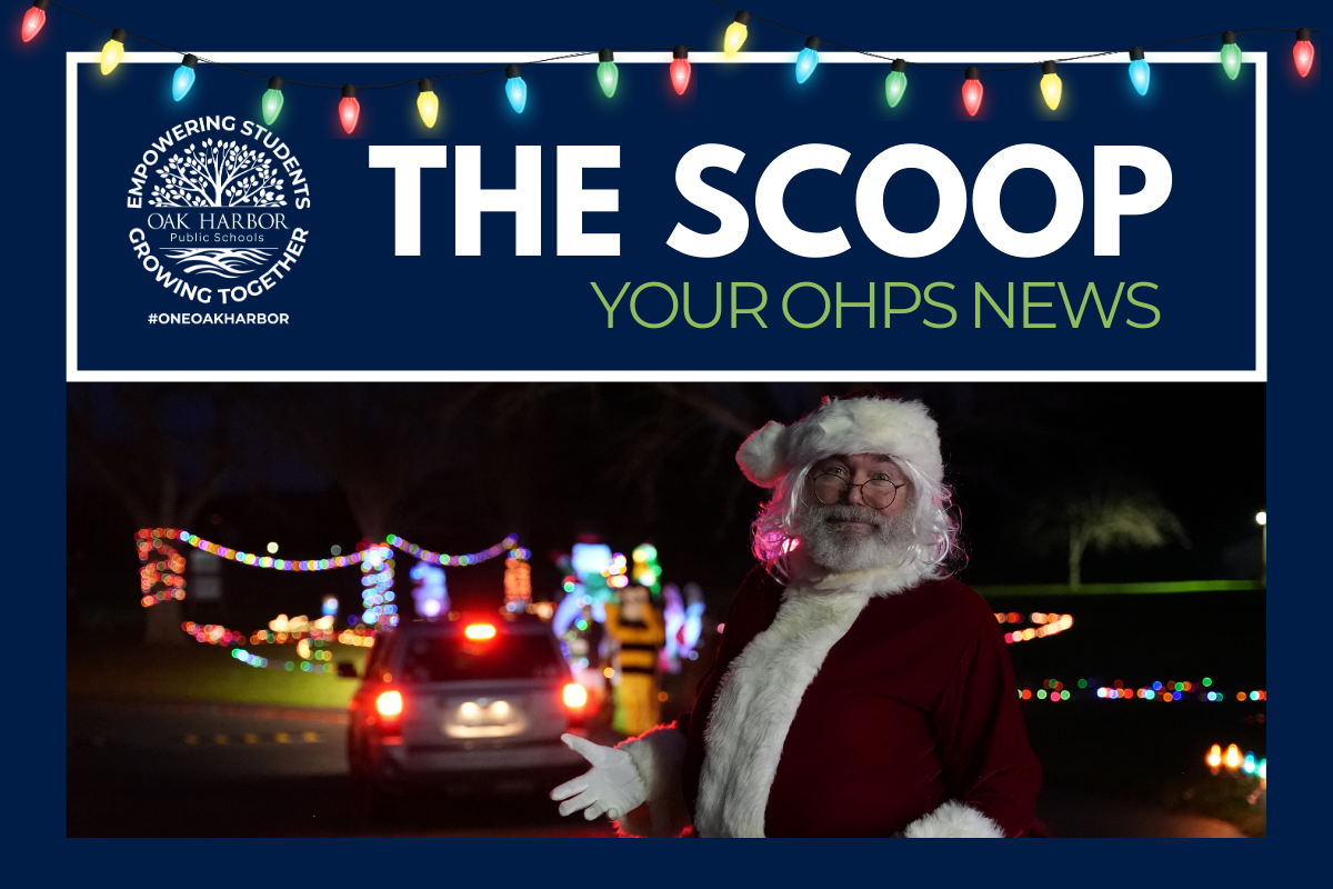 Santa Claus smiles for the camera at a festive event, with a car and string lights in the background. The text reads "THE SCOOP YOUR OHPS NEWS".