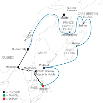 tourhub | Globus | Passage through New England & Eastern Canada | Tour Map