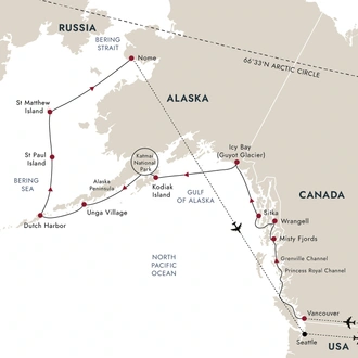 tourhub | HX Hurtigruten Expeditions | Alaska and British Columbia – Inside Passage, Bears and Aleutian Islands | Northbound (Flight Inclusive) | Tour Map