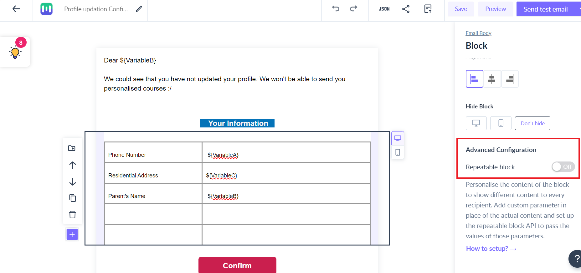 Use dynamic (repeatable) block in a template to personalise content