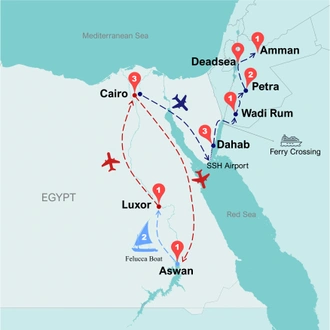 tourhub | Travel Talk Tours | Egypt & Jordan Discovered By Felucca 2025 (4 & 5 Star Hotels) | Tour Map