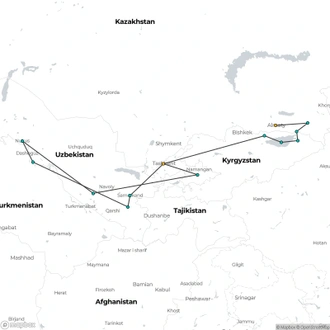 tourhub | Crooked Compass | Treasures of Uzbekistan, Kyrgyzstan &#038; Kazakhstan &#8211; LUXURY RAIL | Tour Map