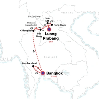 tourhub | G Adventures | Thailand to Laos: Kanchanaburi, Chiang Rai & Laos Countryside | Tour Map