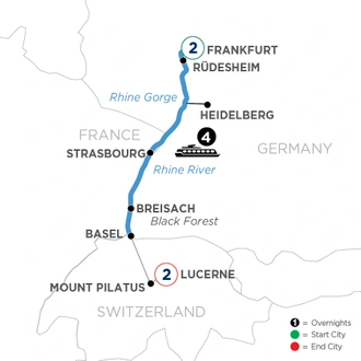tourhub | Avalon Waterways | The Best of the Rhine with 2 Nights in Frankfurt and 2 Nights in Lucerne (Tranquility II) | Tour Map
