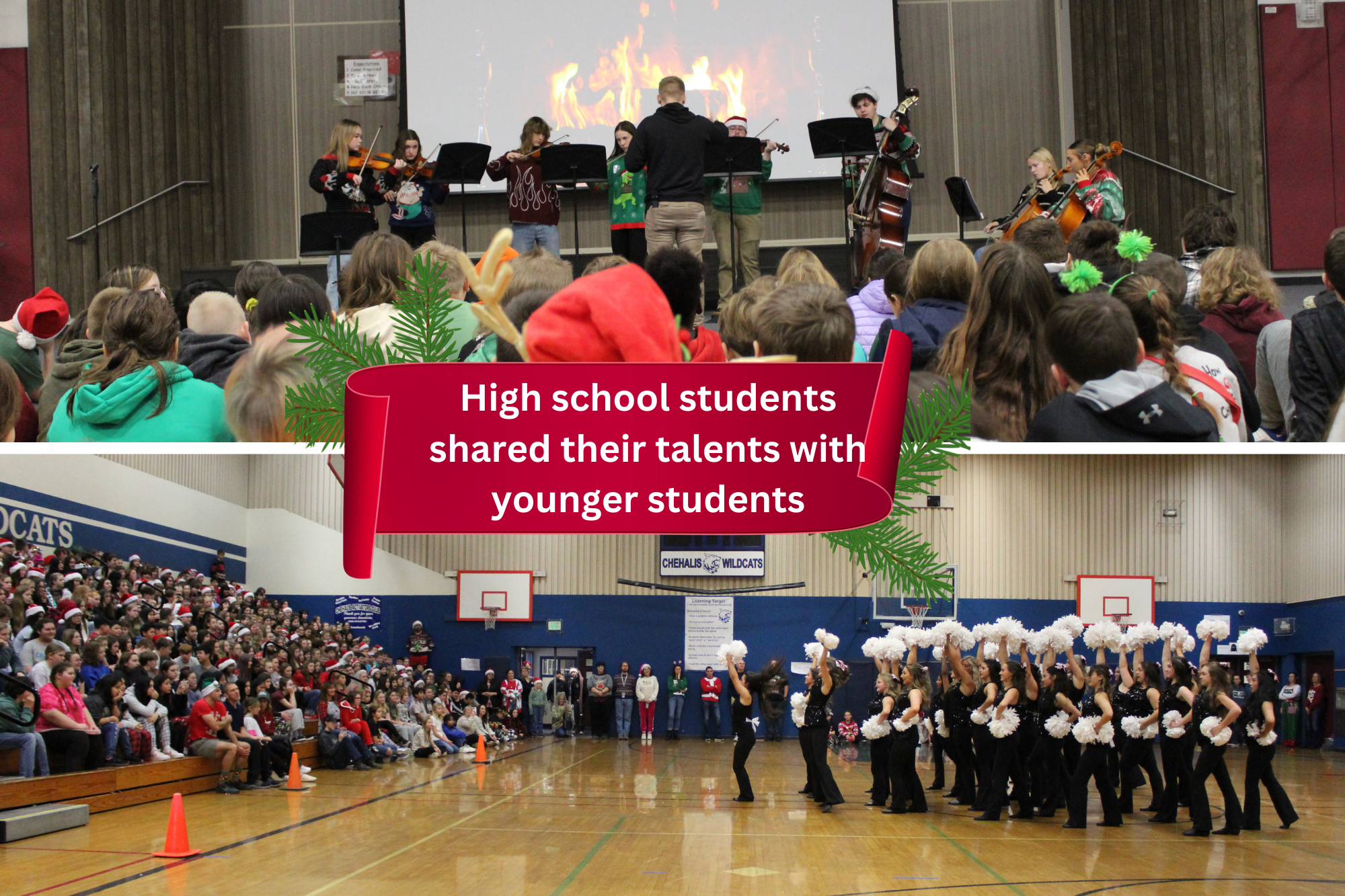 Photos of the W.F. West orchestra performing at Orin Smith Elementary and W.F. West cheerleaders performing at Chehalis Middle School.