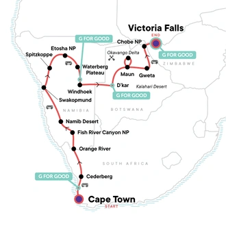 tourhub | G Adventures | Cape Town to Victoria Falls Overland Safari | Tour Map