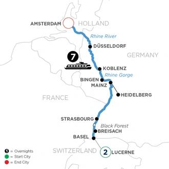 tourhub | Avalon Waterways | Active & Discovery on the Rhine with 2 Nights in Lucerne (Panorama) | Tour Map
