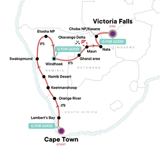 tourhub | G Adventures | Cape Town to Victoria Falls Adventure | Tour Map