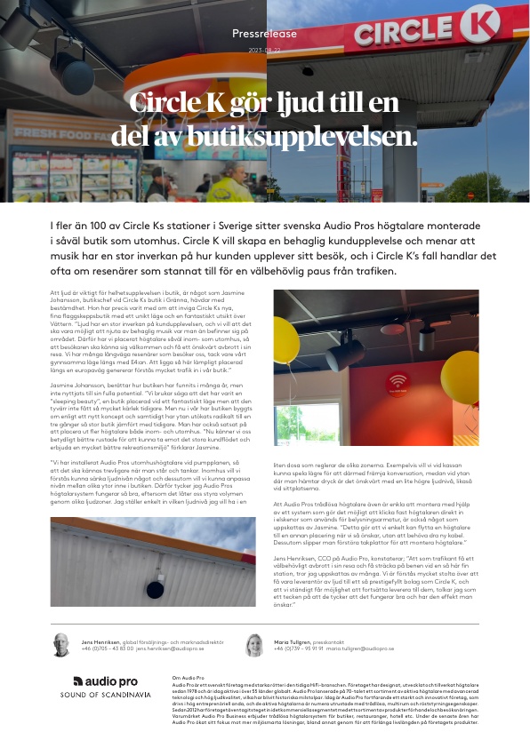 Pressrelease, Audio Pro Business, Circle K, Svensk