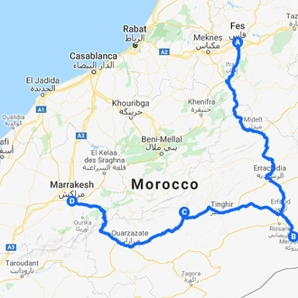 tourhub | Morocco Private Tours | 4 Days Tour From Fes  to Marrakech  Via Sahara Desert. | Tour Map