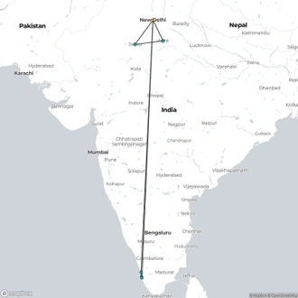 tourhub | UncleSam Holidays | Golden Triangle Tour with Backwaters of Kerala | Tour Map