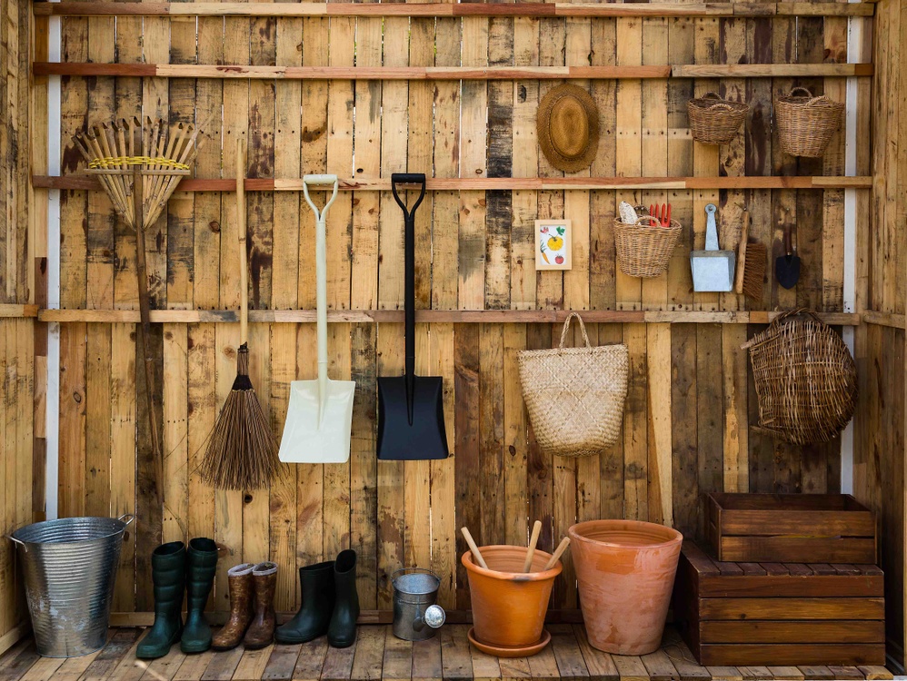 garden tools in shed