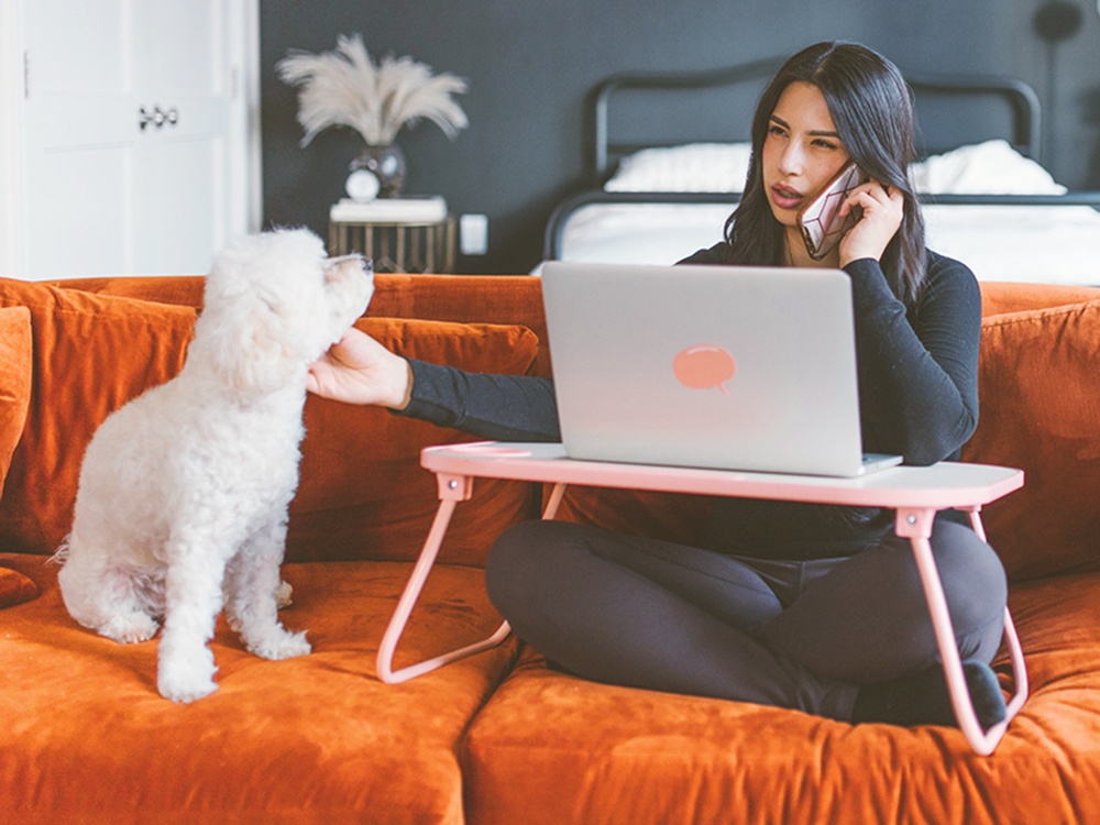 A brunette woman concentrates while on the phone with her online vet services provider while reaching out to pet her white poodle dog