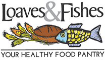 Logo for Loaves & Fishes (wheat, bread, fish). "Your healthy food pantry."