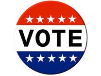 A button with red, white and blue colors, white stars and the text, vote