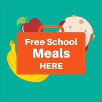 Illustration of banana, apple, sandwich with "Free School Meals Here"