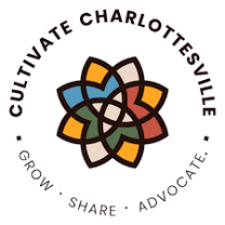 Cultivate Charlottesville Logo (mosaic-like flower) "Grow, Share, Advocate."