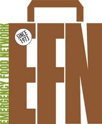 Logo for Emergency Food Network. EFN is designed to look like a brown grocery bag with handle.