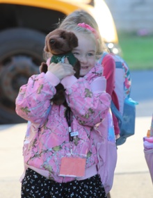 A student poses prior to the first day of school