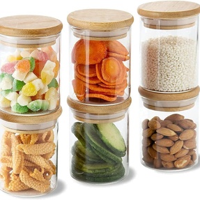 6pcs Clear Storage Container with Wooden Lid, Airtight Canister Jar For Kitchen(350ml) with sticker