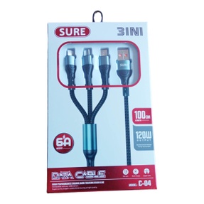 SURE 3 IN 1 USB Fast Charging and Data Cable 100CM Original High Quality Universal Charger cable - Black