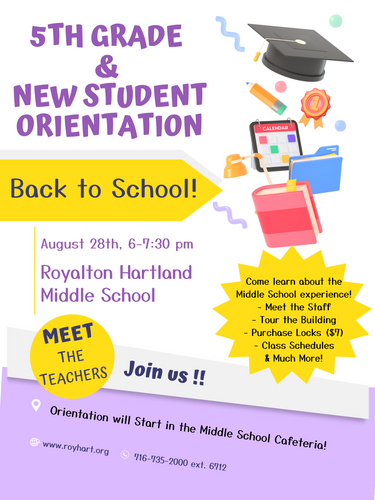 Flyer for 5th Grade & New Student Orientation 2024