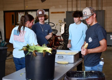 4 people shuck corn