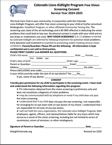 Consent Form for vision screening