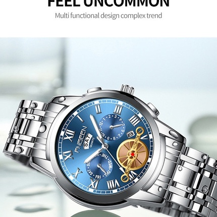 Fngeen Blue Face Double Calendar Business Waterproof Quartz Watch