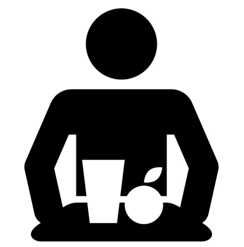 Graphic logo silhouette of person holding tray with cup and apple