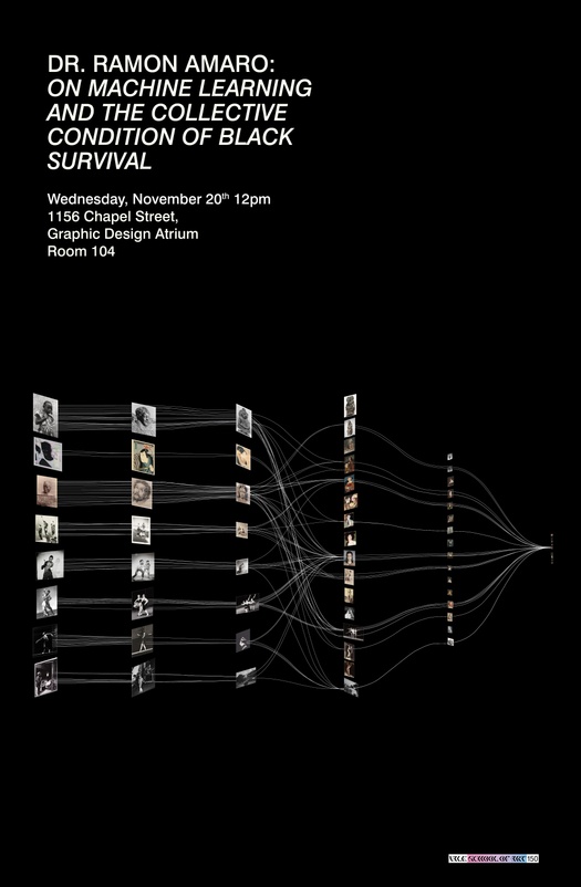Poster for lecture by Dr. Ramon Amaro, featuring a sequence of images linked via overlapping networks.