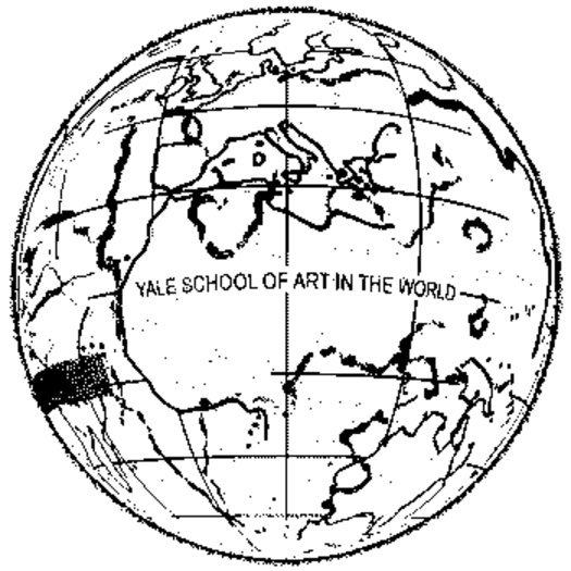 A repeating animated gif of a black and white globe turning with the words "Yale School of Art in the World."