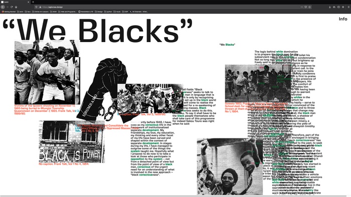 Screenshot of the web project "We Blacks," featuring text juxtaposed with historical imagery.