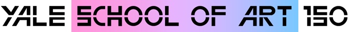 This is a still image of the words "Yale School of Art 150" in which the words "School of Art" are placed against a color gradient that moves from pink to purple to blue, left-to-right.