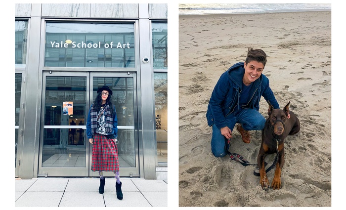 Two photographs, on the left: Maria De Los Angeles in front of Green Hall and on the right: Sandra Burns with her dog on a beach