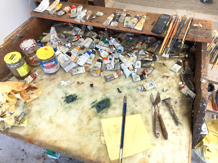 A still image of painter and professor William Bailey's studio workspace.