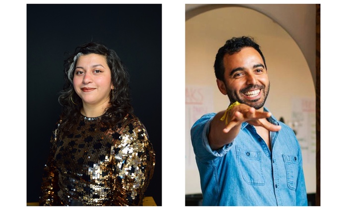 Three-quarter portrait images of the 2022 Climate Engagement fellows on a white background: Victoria Martinez is pictured on the left and Daniel Pizarro is on the right.