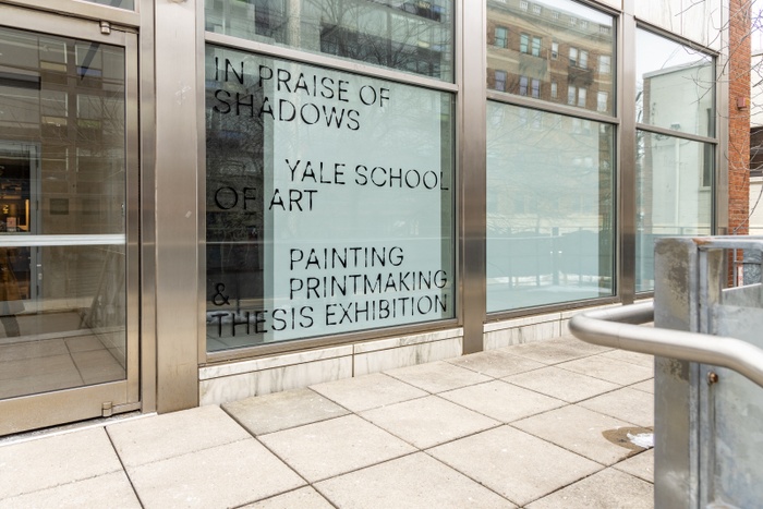 Installation image of exhibition identity outside of Green Hall Gallery.