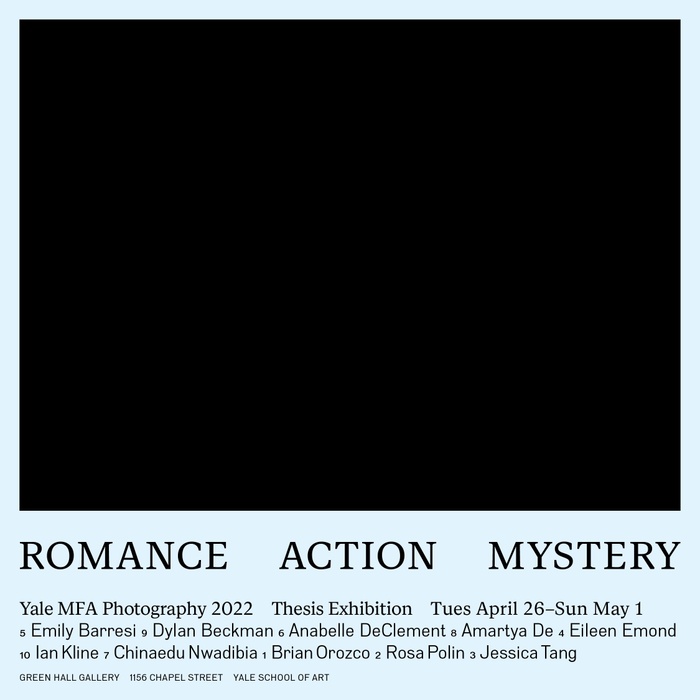 Poster for Photo MFA Thesis Show in Spring 2022, "Romance Action Mystery"