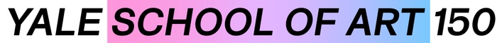 This is a still image of the words "Yale School of Art 150" in which the words "School of Art" are placed against a color gradient that moves from pink to purple to blue, left-to-right.