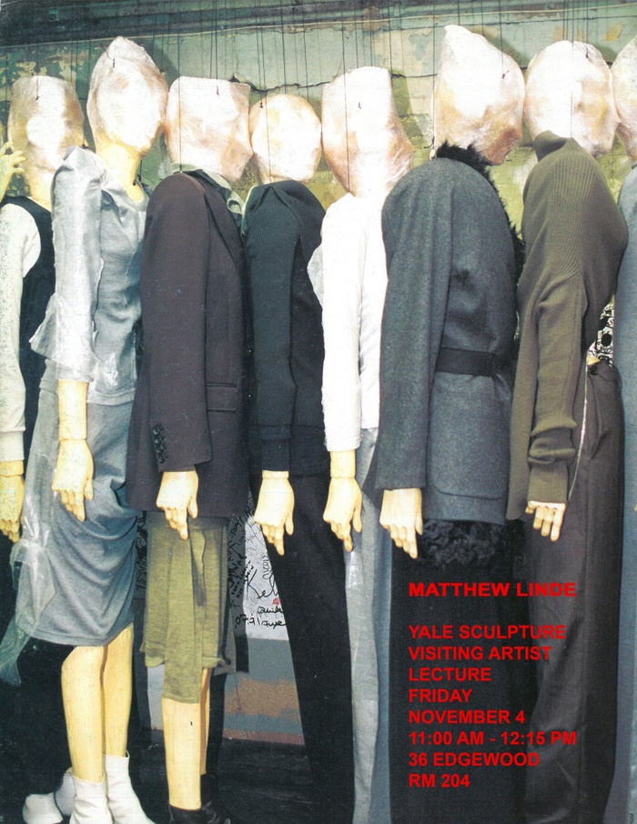 Poster for Matthew Linde's Visiting Artist Lecture in Sculpture on Friday, November 4 at 11AM in 36 Edgewood Room 204