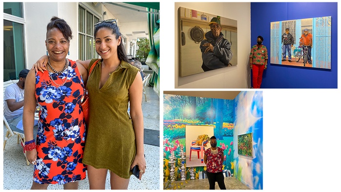 Three collaged images of Dean Pinder with alums at 2021 art fairs in Miami.