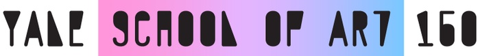 This is a still image of the words "Yale School of Art 150" in which the words "School of Art" are placed against a color gradient that moves from pink to purple to blue, left-to-right.