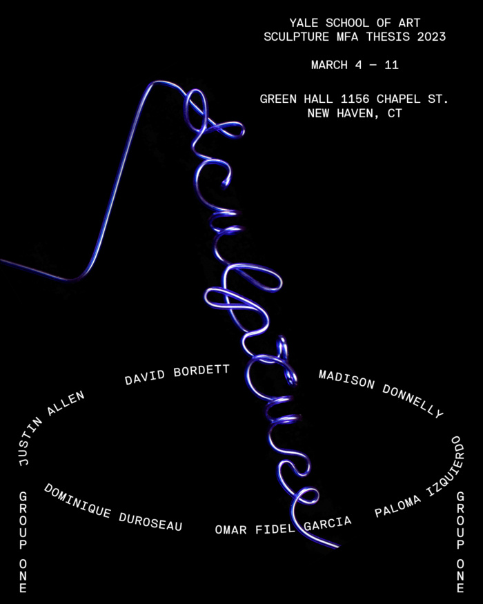 Poster for Group 1 of the 2023 MFA thesis exhibition in Sculpture, "Liquidator"