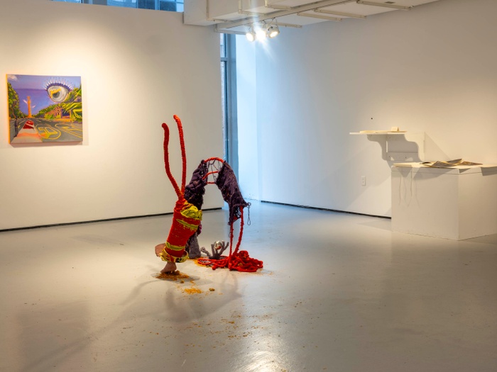 Installation image of the Fall 2023 undergraduate exhibition, "The host will let you in soon" in Green Hall Gallery